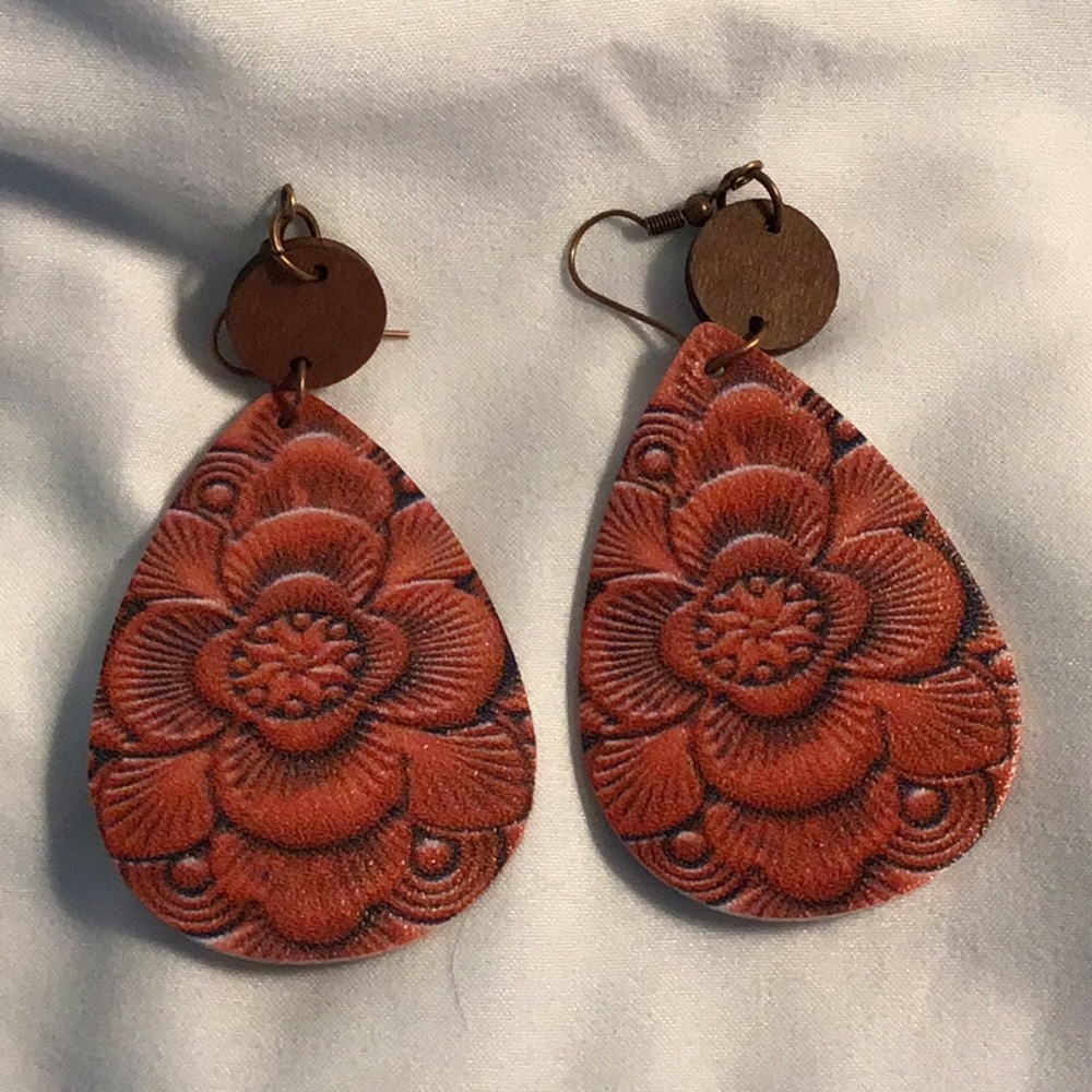 Floral Teardrop Earrings in Red and Brown